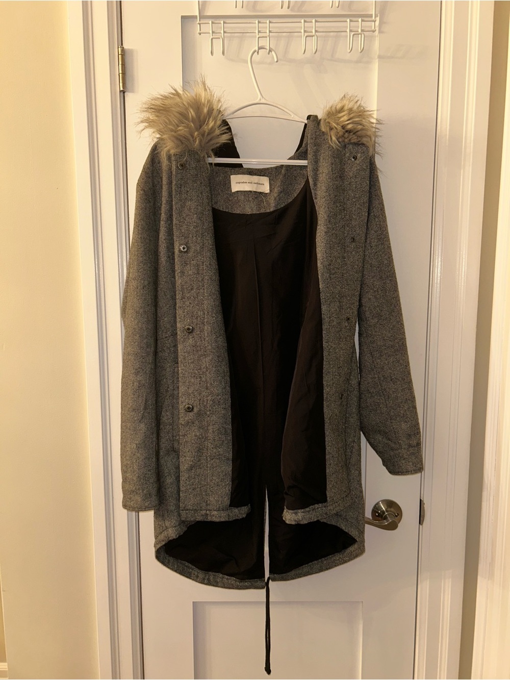 Cupcakes & Cashmere: Wool-Blend Hooded Coat with Faux-Fur Trim - Gray